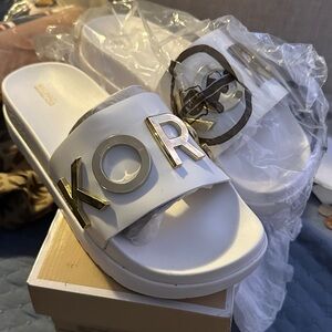 Michael Kors White Slide Sandals with Gold Accents